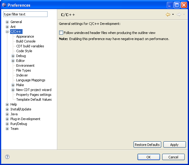 C/C++ Main Preferences Window