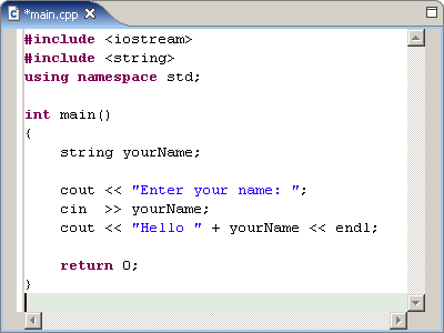 Editor view with a sample code