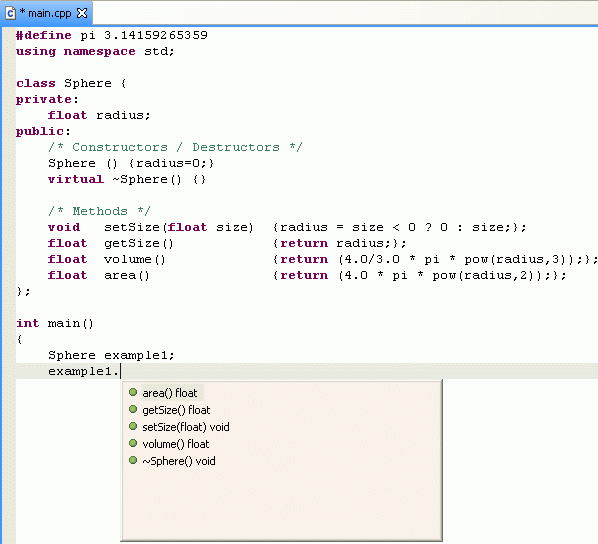 C++ example showing Code Assist popup