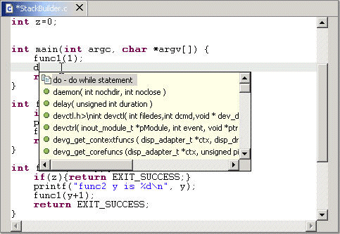 C++ example showing Code Assist popup